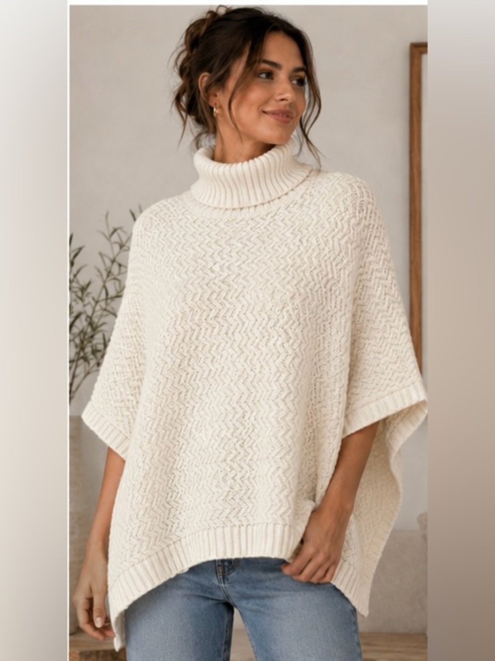 Lole Cream Knit Turtleneck Poncho Sweater One Size